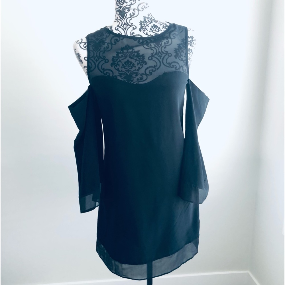 Marie Oliver Silk Anna Cut Out Cold Shoulder Mini Dress Sheer Illusion Black XXS